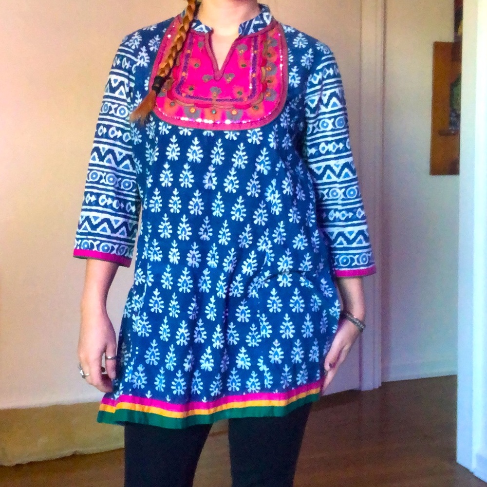 Ethnic Indian Block Print Embroidered Sequin Tunic